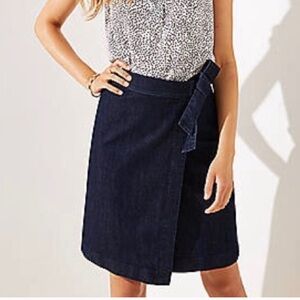 LOFT Dark Blue Denim Wrap Skirt 14 High Waist Jean Skirt Workplace Office Fall